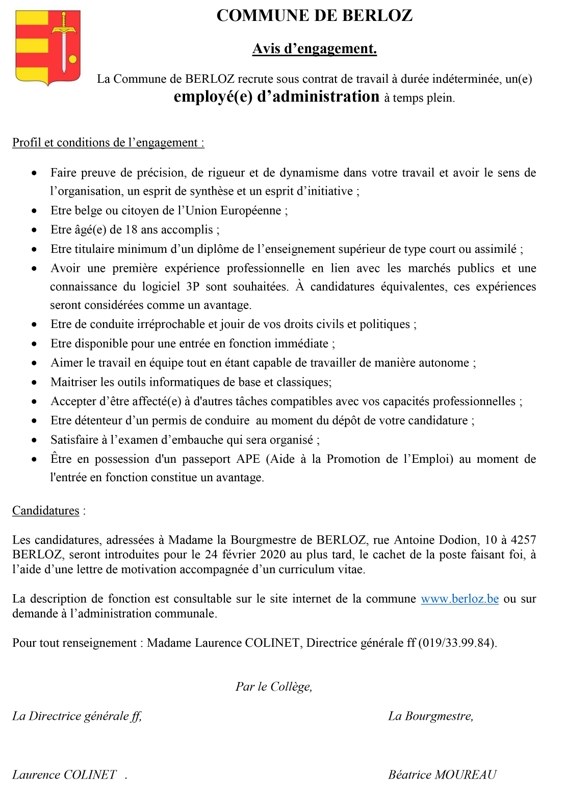Berloz   avis d'engagement    employé MP