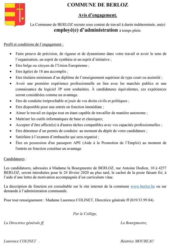Berloz   avis d'engagement    employé MP